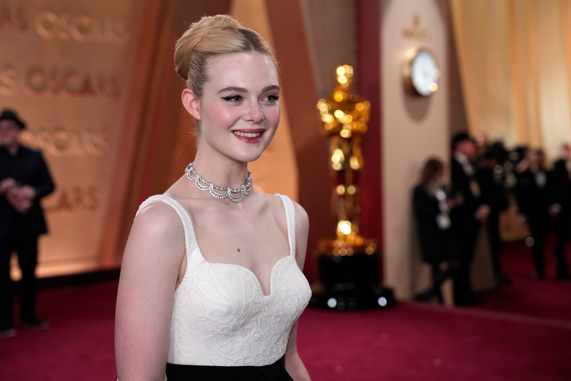 Elle Fanning arrives at the Oscars on Sunday, March 2, 2025, at the Dolby Theatre in Los Angeles. (AP Photo/John Locher)