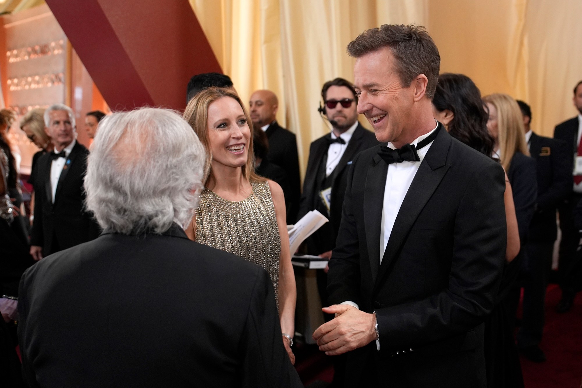 Shauna Robertson, left, and Edward Norton arrive at the Oscars on Sunday, March 2, 2025, at the Dolby Theatre in Los Angeles. (AP Photo/John Locher)
