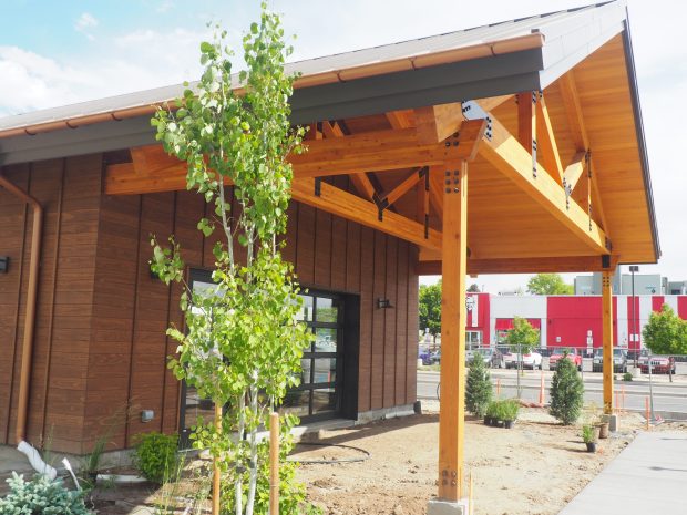 The other, smaller retail building at the Arvada Beer garden site resembles an old train station. It stands along Ralston Road, a main artery of Arvada. (Matt Geiger/BusinessDen)