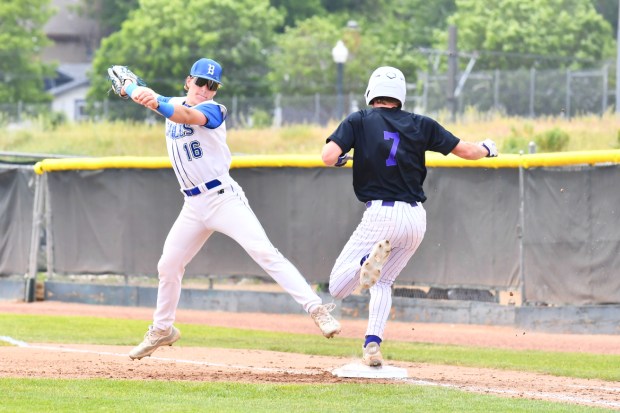 Broomfield's Maverick Scarpella tries to make an out at first base on Arvada West's Luke Alonso during the Eagles' state tournament game against Arvada West at All-City Field on May 24, 2025. (Alissa Noe/BoCoPreps)