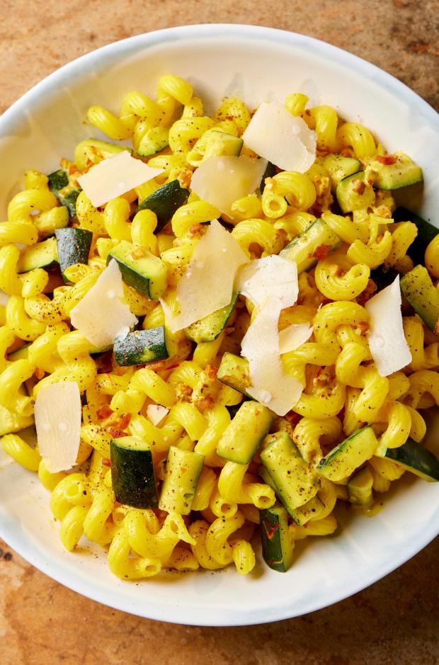 This image released by Milk Street shows a recipe for zucchini pasta with saffron. (Milk Street via AP)