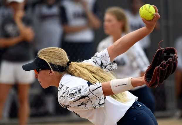 Columbine freshman pitcher Korbe Otis delivers a pith during the 7th inning against Cherokee Trail on September 12, 2017, during their softball game at Dave Sanders Field. (Photo by John Leyba/The Denver Post)