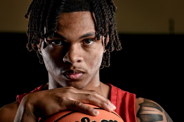 Eaglecrest's LaDavian King poses for a portrait during All-Colorado photo session at Valor Christian High School in Highlands Ranch, Colorado on Wednesday, March 20, 2024 (Photo by AAron Ontiveroz/The Denver Post)