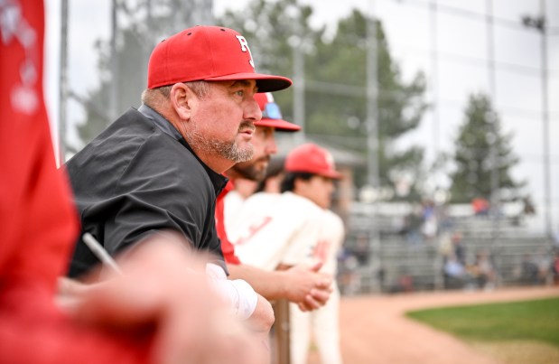 Head coach Matt Darr of the Regis Jesuit Raiders watches the action against the Legend Titans during the Raiders' 6-2 win at Regis Jesuit High School in Aurora, Colorado on Wednesday, April 16, 2025. (Photo by AAron Ontiveroz/The Denver Post)