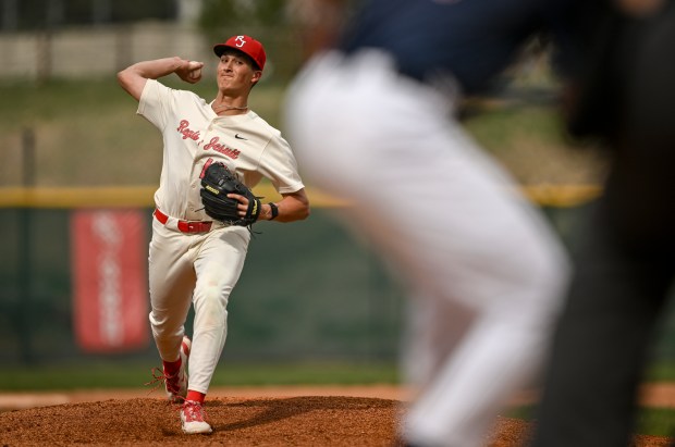 Hudson Alpert (15) of the Regis Jesuit Raiders pitches against the Legend Titans during the Raiders' 6-2 win at Regis Jesuit High School in Aurora, Colorado on Wednesday, April 16, 2025. (Photo by AAron Ontiveroz/The Denver Post)