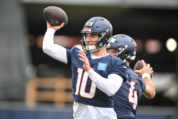 Bo Nix (10) fires a pass during OTAs at Broncos Park in Centennial on Thursday, May 29, 2025. (Photo by AAron Ontiveroz/The Denver Post)