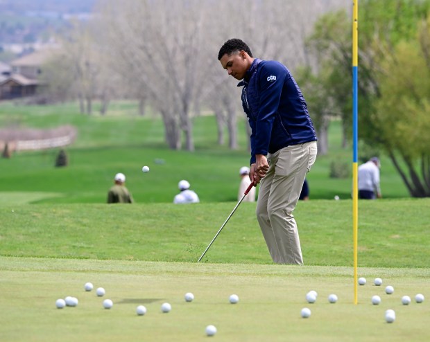 Colorado Christian's Xavier Bighaus chips onto the green during practice at the Bear Creek Golf Club in Lakewood, Colorado on Thursday, April 24, 2025. (Photo by Andy Cross/The Denver Post)