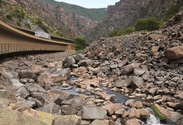 Water flows are low in a section of the Colorado River where the Shoshone Generating Station, a hydroelectric power plant, diverts water to generate power before returning it downstream, east of Glenwood Springs on Sept. 4, 2024. (Photo by RJ Sangosti/The Denver Post)