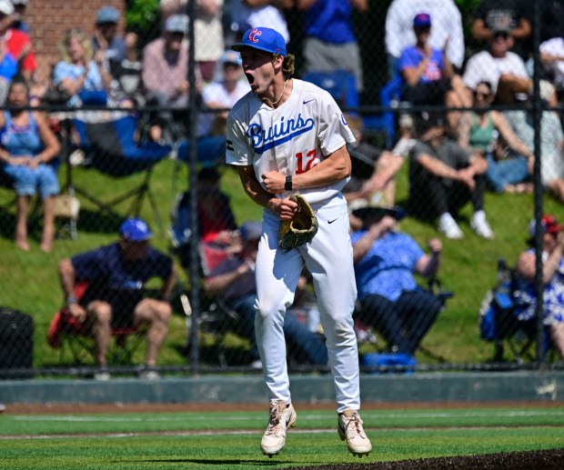 Cherry Creek Bruins starting pitcher Wyatt Rudden (12) reacts after striking out Regis Jesuit Raider Carter Rathbun (7) in the first inning during the Class 5A State Baseball Championship Game at All-Star Park in Lakewood, Colorado, on Saturday, May 31, 2025. (Photo by Andy Cross/The Denver Post)
