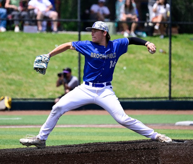 Maverick Scarpella, (16) pitching against the Fossil Ridge SaberCats during the Class 5A state baseball tournament at All-Star Park in Lakewood on Friday, May 23, 2025. (Photo by Andy Cross/The Denver Post)