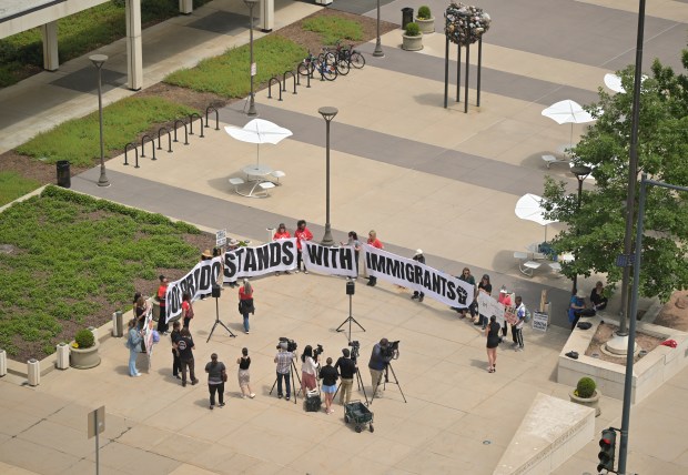 Local immigration advocacy groups held a press conference outside Denver immigration court on June 5, 2025. (Photo by RJ Sangosti/The Denver Post)