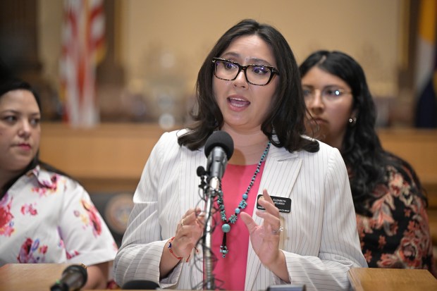Rep. Elizabeth Velasco speaks during a press conference at the Colorado Capitol building in Denver on Tuesday, April 8, 2025. Lawmakers and immigration advocates held a press conference about SB25-276, which would broadly extend new protections around data-sharing and local interaction with ICE and other immigration authorities. (Photo by Hyoung Chang/The Denver Post)