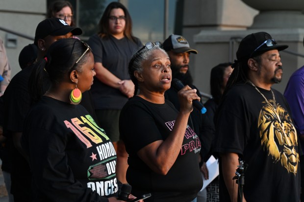 LaRonda Jones, mother of Kilyn Lewis, speaks during a community rally in front of the Aurora Municipal Center on Oct. 14, 2024. (Photo by Helen H. Richardson/The Denver Post)
