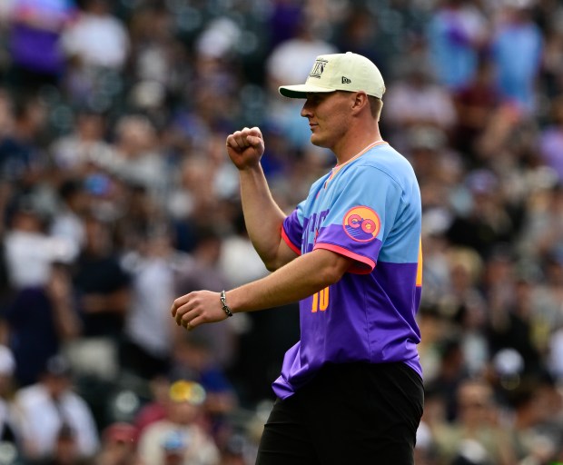 Denver Broncos QB Bo Nix after throwing out the ceremonial first pitch before the Colorado Rockies play the New York Yankees at Coors Field in Denver on Friday, May 23, 2025. (Photo by Andy Cross/The Denver Post)