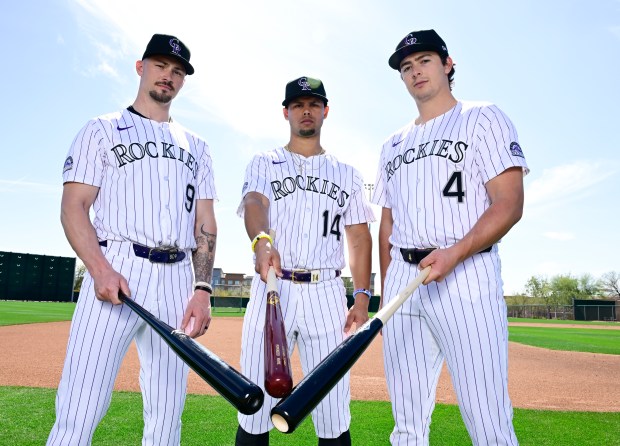 Colorado Rockies players from left to right, Brenton Doyle, Ezequiel Tovar and Michael Toglia at Salt River Fields at Talking Stick in Scottsdale, Arizona on Thursday, Feb. 20, 2025. (Photo by Andy Cross/The Denver Post)