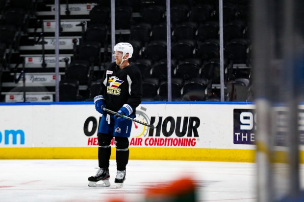 Gabe Landeskog practices with the Colorado Eagles, an AHL affiliate of the Avalanche, on Thursday, April 9, 2025, in Loveland. (Jessica Butterly, Courtesy of Colorado Eagles)