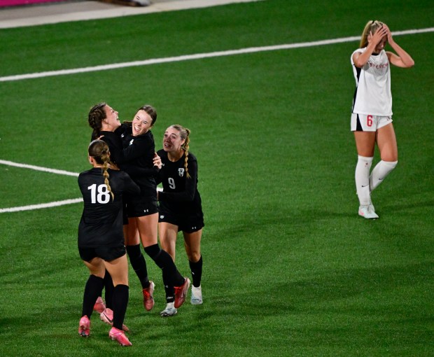 From left to right, Fossil Ridge soccer players, Jordan Killion, (18), Teagan Myers, (7), Reese Morgan, (6) and Bella Robinson, (9) celebrate after Myers scored the game winning goal against Castle View in the second half of the girls 5A state soccer championship game at Weidner Field in Colorado Springs, Colorado on Wednesday, May 21, 2025. Hayden Hill, (6), Castle View, upper right, walks past celebration. Fossil Ridge won 1-0. (Photo by Andy Cross/The Denver Post)