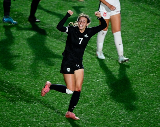 Teagan Myers (7) Fossil Ridge, celebrates her game-winning goal against Castle View in the second half of the girls 5A state soccer championship game at Weidner Field in Colorado Springs, Colorado on Wednesday, May 21, 2025. (Photo by Andy Cross/The Denver Post)