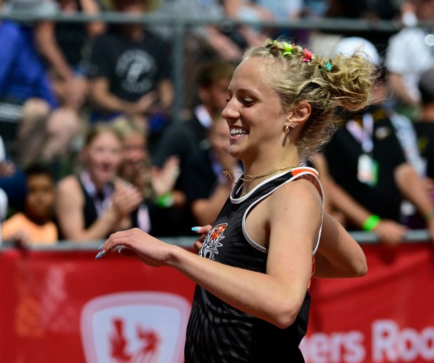 Cheyenne Wells' Roxy Unruh smiles after winning the 1A 100-meter dash at the Track and Field State Championships at Jeffco Stadium in Lakewood, Colorado, on Saturday, May 17, 2025. (Photo by Andy Cross/The Denver Post)