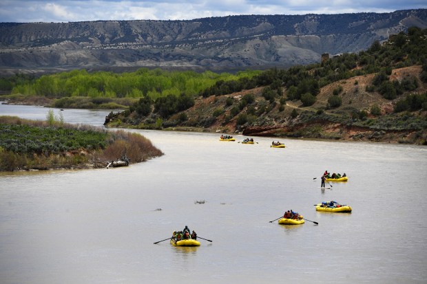 An OARS Rafting expedition heads down the Yampa River at the start of a five-day trip near Deerlodge Park in the Dinosaur National Monument May 24, 2019. (Photo by Andy Cross/The Denver Post)