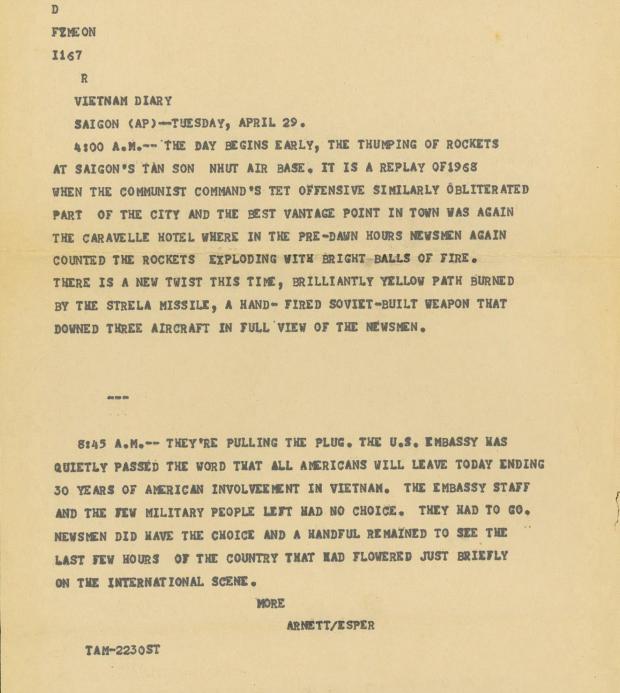 Associated Press wirecopy story by Peter Arnett and George Esper on the fall of Saigon, April 29, 1975 (page 1 of 3). (AP Photo/Corporate Archives)