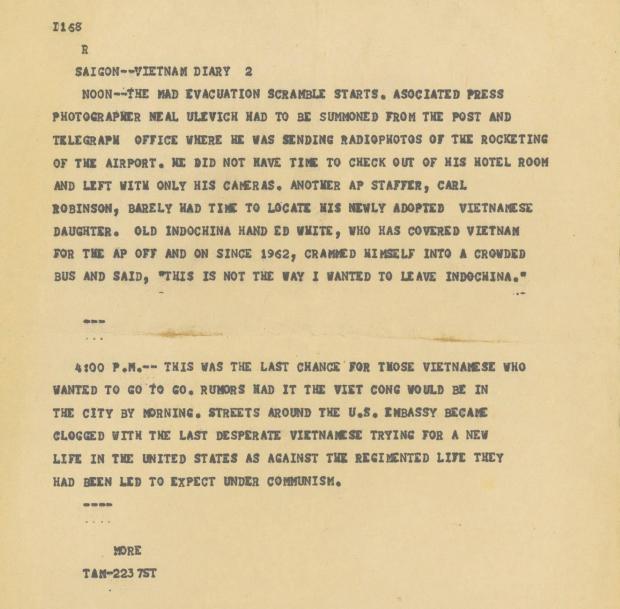 Associated Press wirecopy story by Peter Arnett and George Esper on the fall of Saigon, April 29, 1975 (page 2 of 3). (AP Photo/Corporate Archives)
